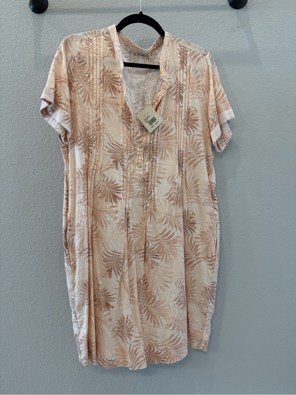 Faherty Peach Palm-Print Short-Sleeve Midi Shirtdress